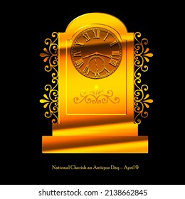 Golden antique standing clock isolated on black background, National Cherish an Antique Day April 9