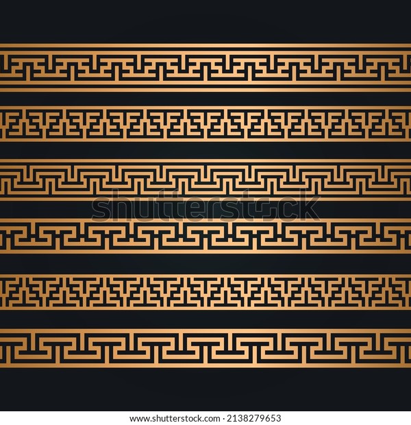 Golden Antique Vintage Greek border\
patterns seamless pattern in gematrical shape ornamental dividing\
line page border or fabric pattern\
background