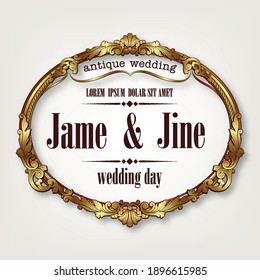 Golden antique wedding frame, Gold photo frame with corner line floral for picture, Vector border design decoration pattern style. Thai art golden metal beautiful.