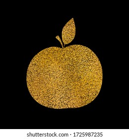 Manzana dorada con efecto brillo. La fruta aislada en el fondo negro. El concepto de comida. Banner dorado brillante. Ilustración del otoño. Diseño de plantilla para invitación, afiche, tarjeta.