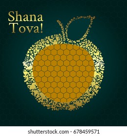 A golden apple and honey with honeycombs on a dark background. Shana Tova! (Happy New Year! - hebrew)