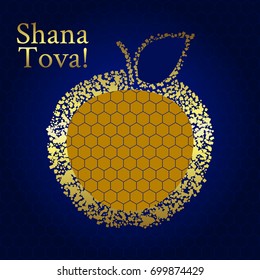 A golden apple and honey with honeycombs on a blue background. Shana Tova! (Happy New Year! - hebrew)