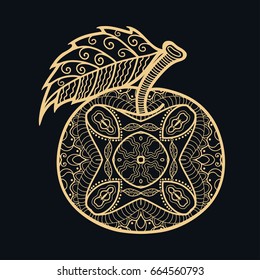 Golden apple on a black background. Decorative hand drawn fruit with doodle ornament, isolated design element. Gold and black vector illustration