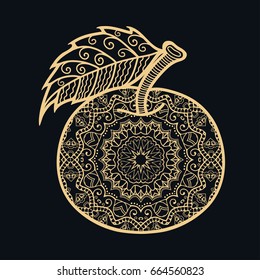 Golden apple on a black background. Decorative hand drawn fruit with doodle ornament, isolated design element. Gold and black vector illustration