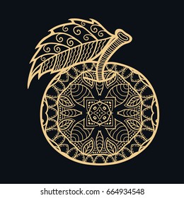 Golden apple on a black background. Decorative hand drawn fruit with doodle ornament, isolated design element. Gold and black vector illustration