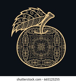 Golden apple on a black background. Decorative hand drawn fruit with doodle ornament, isolated design element. Gold and black vector illustration