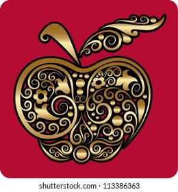 Golden apple ornament. Apple with elegance floral decoration. Good to use for jewelry design.