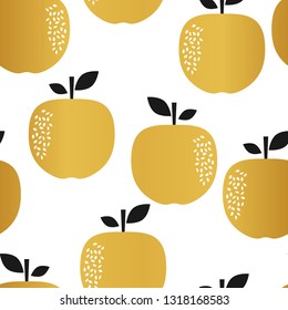 Golden apples pattern. Seamless vector repeating pattern with gold apples on white background. Retro style tiling background, poster, textile, greeting card design.Great for baby nursery.