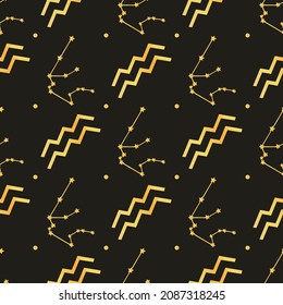 Golden Aquarius zodiac star seamless pattern. Repeating Aquarius sign with stars design for textile, wallpaper, fabric, decor. Golden space background