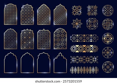 Golden Arabesque collection. Geometric oriental arabesqued frames and borders, arabic mosque architecture arabesquerie elements, islamic decorative design. Vector set.