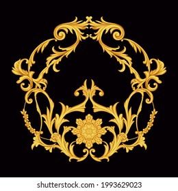 Golden arabesque with floral motif on black background