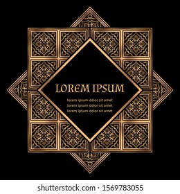Golden arabesque royal pattern frame vector. Vintage tile luxury flyer. Premium design for Christmas label, New Year vignette, Ramadan card, wedding party invitation, beauty spa salon, save the date.