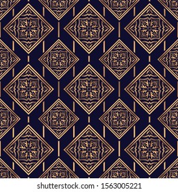 Golden arabesque royal pattern seamless vector. Arabic tile luxury background. Filigree design for Christmas beauty spa, new year gift package texture, wrapping paper, wedding party, yoga wallpaper.