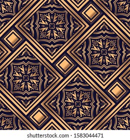 Golden arabesque royal pattern seamless vector. Arabic tile luxury background. Retro design for Christmas beauty spa, new year gift package texture, wrapping paper, wedding party, yoga wallpaper.