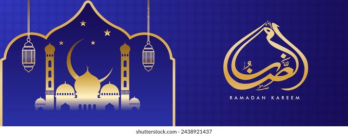 Golden Arabic Calligraphic of Ramadan with Crescent Moon, Stars, Mosque and Hanging Lanterns Decorated on Blue Islamic Pattern Background. Social Media Banner or Header Design.