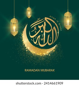 Golden Arabic Calligraphy Of Allahu Akbar (Allah Is Great) with Glittering Crescent Moon and Illuminated Lanterns for Islamic Festival Ramadan Mubarak Celebration Concept.