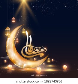 Golden Arabic Calligraphy Of Ramadan With 3D Crescent Moon, Hanging Lit Lanterns And Pearls On Lights Effect Background.