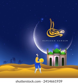 Golden Arabic Calligraphy of Ramadan with Exquisite Mosque and Muslim Man Playing Drum (Dhol) on Nighttime Desert View. Can Be Used as Poster Design.