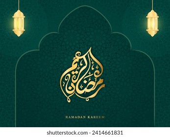 Goldene arabische Kalligrafie Ramadan Kareem Text mit leuchtenden Lanterns Hang auf Teal-islamischen Flora-Muster Moschee-Tür. 