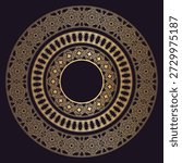 Golden Arabic circle with mandala rosette and lattice mosaic for luxury certificates, premium branding and heritage wedding invitation. Metallic vector frame with sacred geometry on black background.