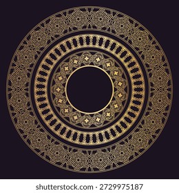 Golden Arabic circle with mandala rosette and lattice mosaic for luxury certificates, premium branding and heritage wedding invitation. Metallic vector frame with sacred geometry on black background.
