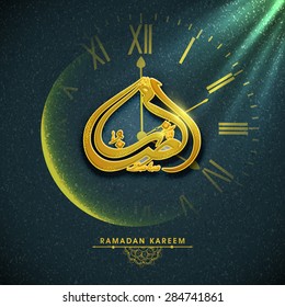 Golden Arabic Islamic calligraphy of text Ramazan on creative glowing clock, indicating time for prayers on stylish background, for holy month of Muslim community, Ramadan Kareem celebration.