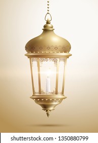 Golden arabic lantern with white candle in 3d illustration