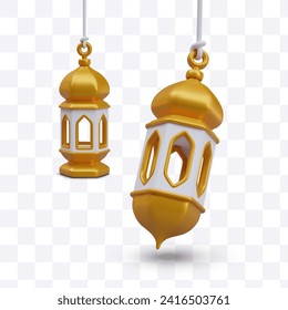 Golden Arabic lantern without fire. Isolated realistic model in vertical and tilted position