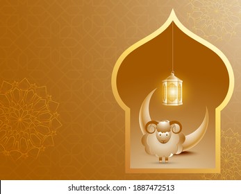 Golden Arabic Pattern Background with Hanging Illuminated Lanterns, 3D Crescent Moon and Paper Cut Cartoon Sheep.
