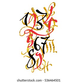 Golden arabic style hand drawn high quality calligraphy poster with numbers. Isolated on white background