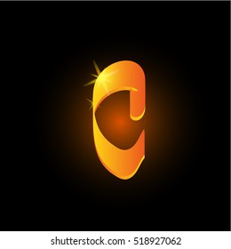 Golden arabic style letter c. Shiny latin alphabet element icon on black background. Oriental calligraphy design. Fiery decorative vector illustration