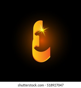 Golden arabic style letter e. Shiny latin alphabet element icon on black background. Oriental calligraphy design. Fiery decorative vector illustration