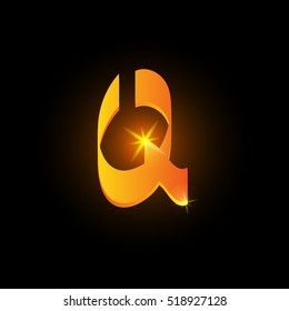 Golden arabic style letter q. Shiny latin alphabet element icon on black background. Oriental calligraphy design. Fiery decorative vector illustration