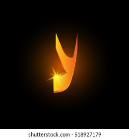 Golden arabic style letter y. Shiny latin alphabet element icon on black background. Oriental calligraphy design. Fiery decorative vector illustration