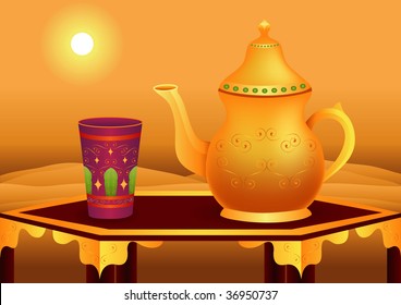 Golden arabic teapot and a glass on a table.