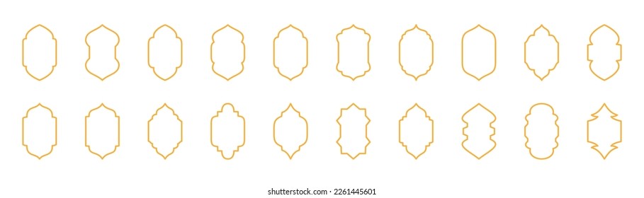 Golden arabic window set. Traditional islamic design illustration. architecture. Collection of oriental style islamic windows and arches.