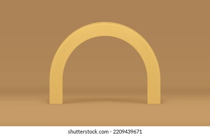 Golden arch 3d curved metallic column showcase exhibition for product presentation realistic vector illustration. Premium circle archway exit entrance promo display geometric foundation design