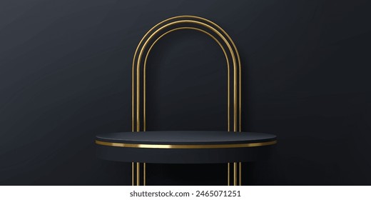 Golden arch with black podium for product stage or display pedestal, vector mockup. Round podium platform with golden arch frame and gold bezel for luxury product showcase or display background