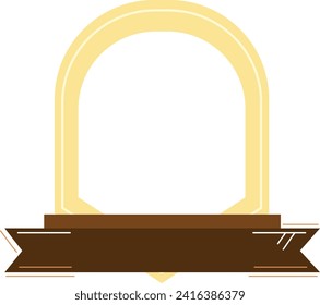 Golden arch with brown ribbon banner. Award ceremony gold frame with blank space. Celebration and achievement concept vector illustration.