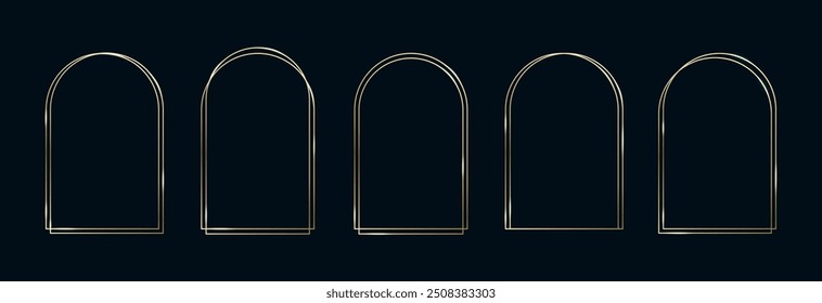 Conjunto de Quadros de Arco Dourado. Thin Line Gold Borders coleção minimalista de luxo. Retângulos geométricos de contorno de latão vetor premium. Banners decorativos lineares com fundo preto. Isolado