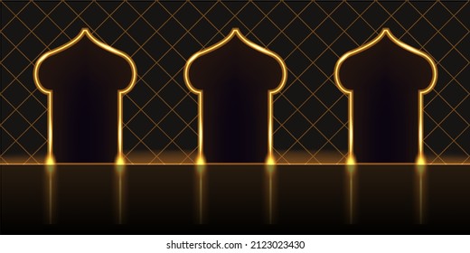 Golden arch gates, neon glowing yellow light effect. Techno futuristic portal, podium stage platform, cyberpunk room design Virtual reality background. Vector illustration