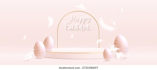 Golden arch podium and Easter eggs on pink background. Vector realistic illustration of round stage, light feather and decorative eggs on pastel backdrop, greeting card design, sale presentation