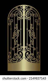 golden arched wrought door with ornaments on a black background