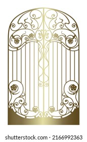 golden arched wrought door with ornaments on a white background