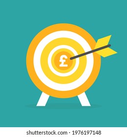 Golden archery target with arrow and dollar coin in center on blue background. Dartboard vector illustration. Business aim, goal, focus sign.  Money goal achieve concept. 