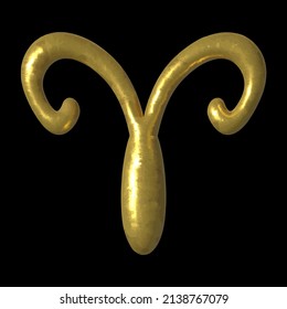 Golden Aries, the symbol of the Horoscope. Realistic zodiac sign, pseudo 3d. Vector illustration with imitation of gloss and scuffs of metal, isolated on a black background.