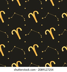 Golden Aries zodiac star seamless pattern. Repeating Aries sign with stars design for textile, wallpaper, fabric, decor. Golden space background