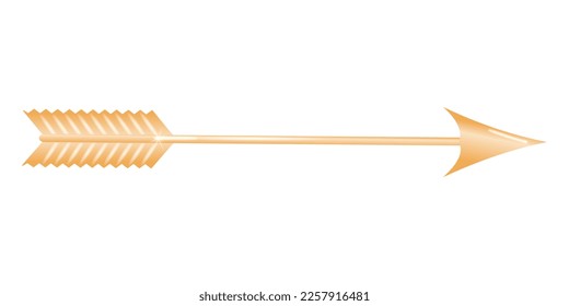 Golden arrow 3d. Shaft sharpened at the front and with feathers or vanes at the back, shot from a bow as a weapon or for sport. Vector illustration.