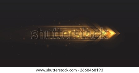 Golden arrow with acceleration effect and light trail. Vector effect of speed and progress on the theme of racing, high-speed technologies in Internet connections. Light effect on a dark background.