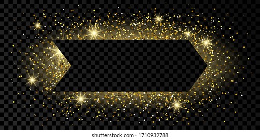 Golden Arrow Frame With Glitter, Sparkles And Flares On Dark Transparent  Background. Empty Luxury Backdrop. Vector Illustration.